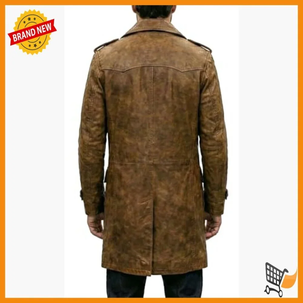 Men's Leather 3/4 Length Trench Coat Double Breasted Lapel Collar